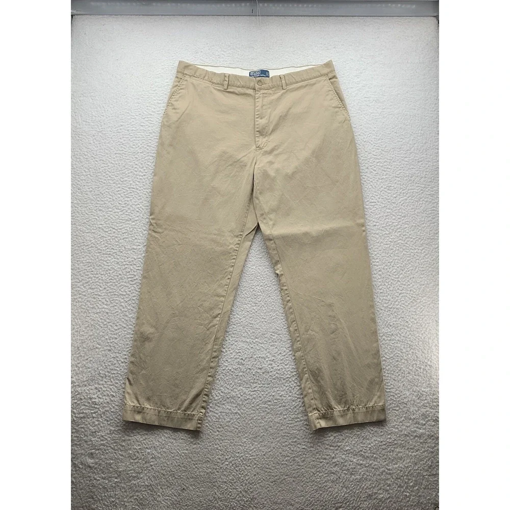 Polo Ralph Lauren Pants Mens 38x30 Beige Chino Khaki‎ Preppy Casual Flat Front